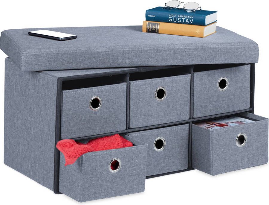 Relaxdays opbergbank met 6 lades 39 x 76 x 38 cm grijze bank met opbergruimte grijs