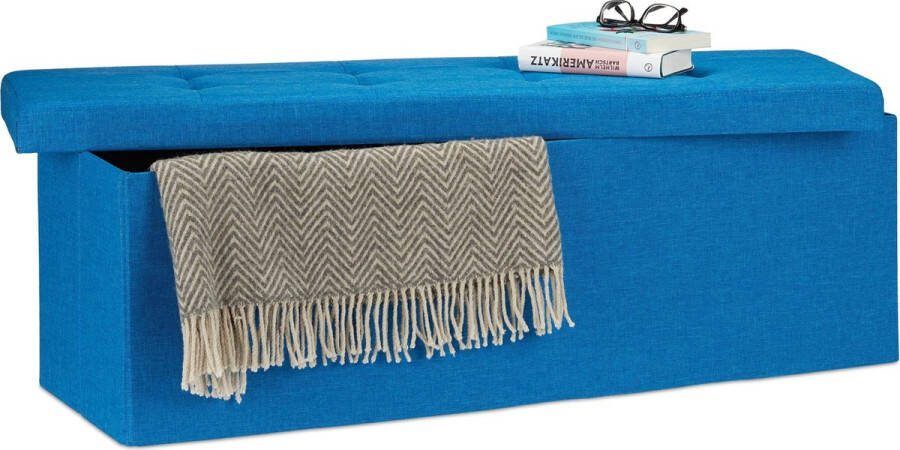 Relaxdays opbergbank opvouwbaar zitbank linnen halbank zonder leuning met deksel blauw