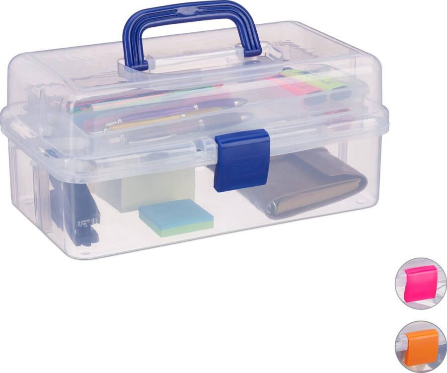 Relaxdays opbergbox met handvat 9 vakjes naaikoffer transparante gereedschapskist blauw