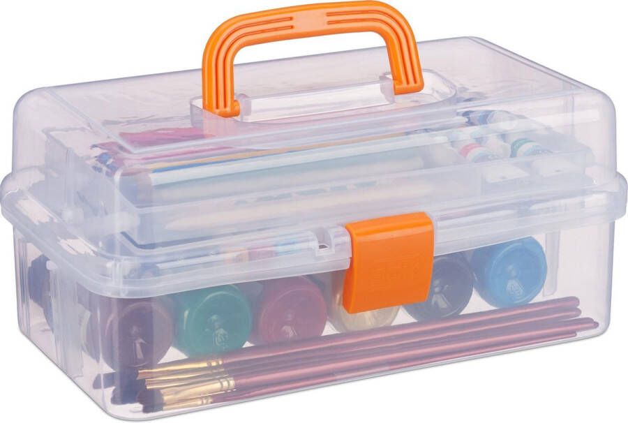 Relaxdays opbergbox met handvat 9 vakjes naaikoffer transparante gereedschapskist Oranje