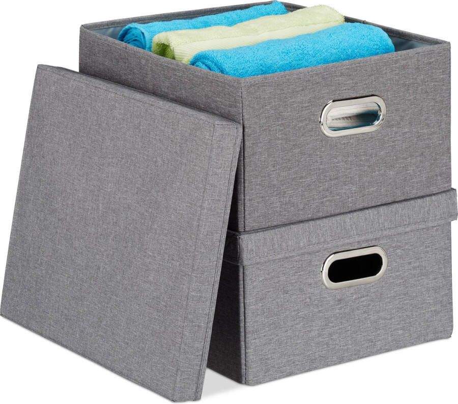 Relaxdays opbergdoos met deksel opbergbox opvouwbaar 2 stuks bewaardoos 25 liter grijs