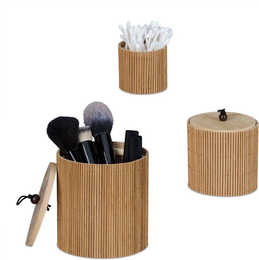 Relaxdays opbergdoos met deksel set van 3 kleine bamboe doosjes kwastenhouder rond