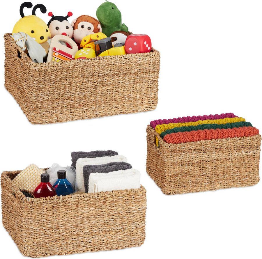 Relaxdays opbergmand 3-delige set gevlochten manden met handvatten badkamer kastmand