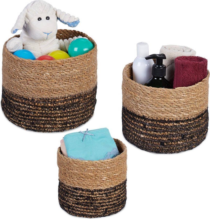 Relaxdays opbergmand badkamer set van 3 zeegras mandjes rond decoratie toilet