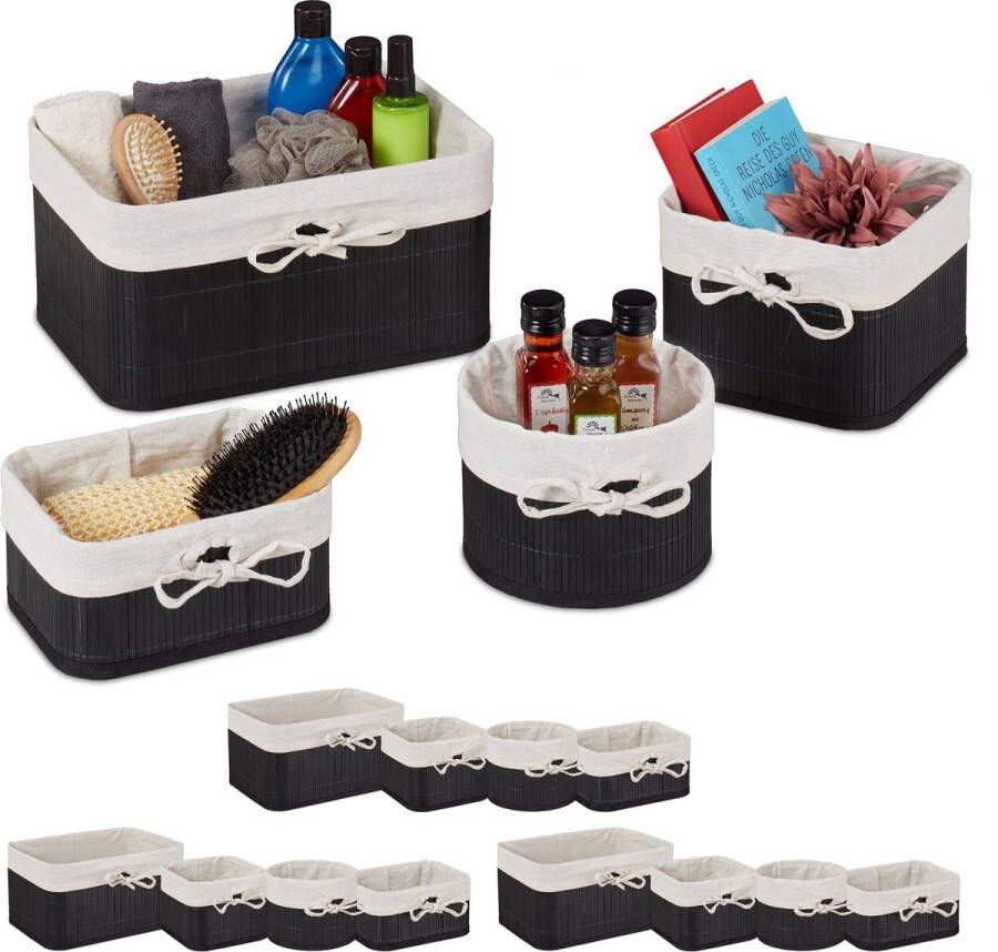 Relaxdays opbergmand bamboe 16-delige set badkamermand toiletmand kastmandje