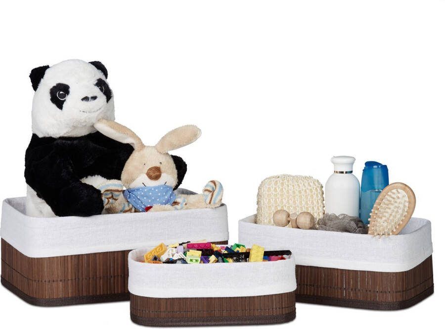 Relaxdays opbergmand bamboe stof mandjes set van 3 manden badkamer bruin