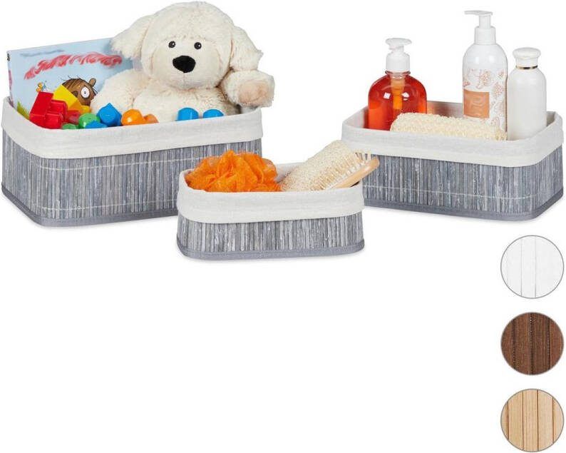 Relaxdays opbergmand bamboe stof mandjes set van 3 manden badkamer grijs