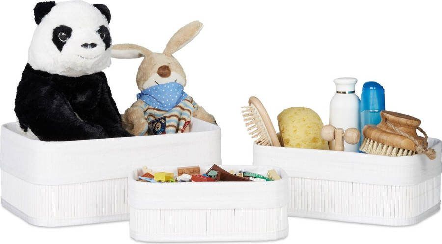 Relaxdays opbergmand bamboe stof mandjes set van 3 manden badkamer wit