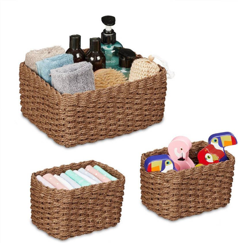Relaxdays opbergmand gevlochten 3 stuks manden set badkamer organizer papiertouw