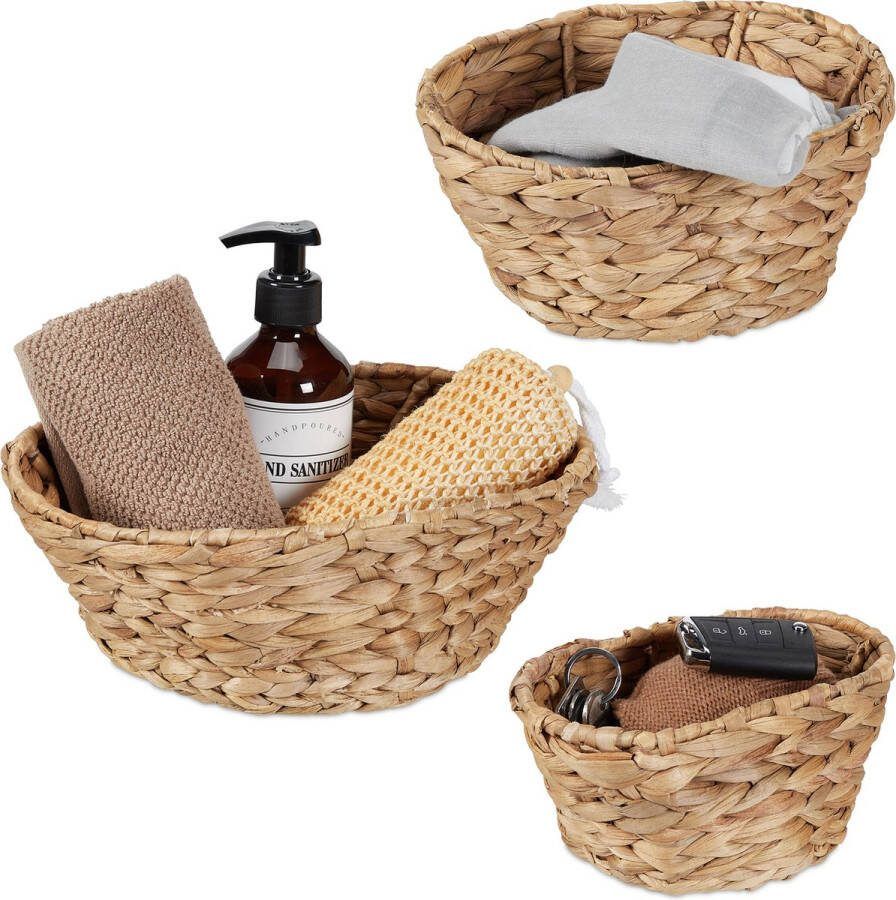 Relaxdays opbergmand gevlochten set van 3 mandjes waterhyacint ovaal decoratie