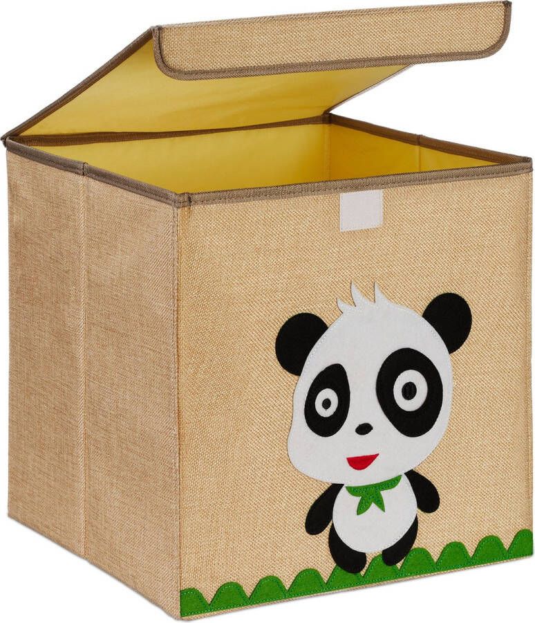 Relaxdays opbergmand kinderkamer vierkant speelgoedmand met deksel opvouwbaar panda