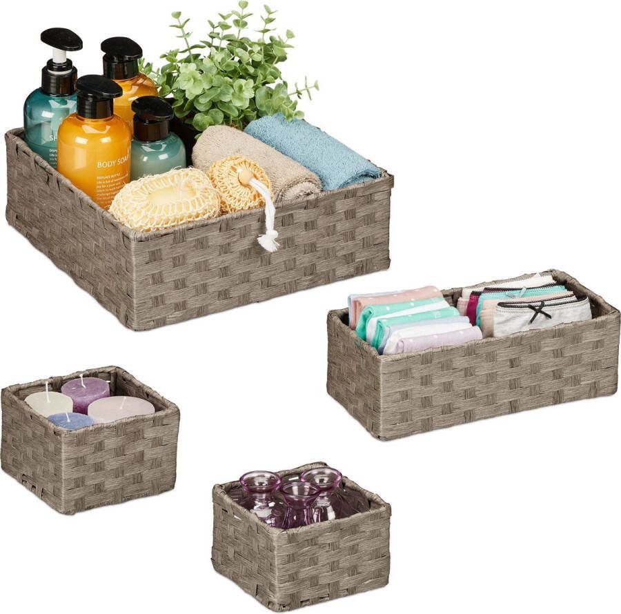 Relaxdays Opbergmand Mand 4x rieten mand Sorteermand Badkamer organizer doos badkamermand