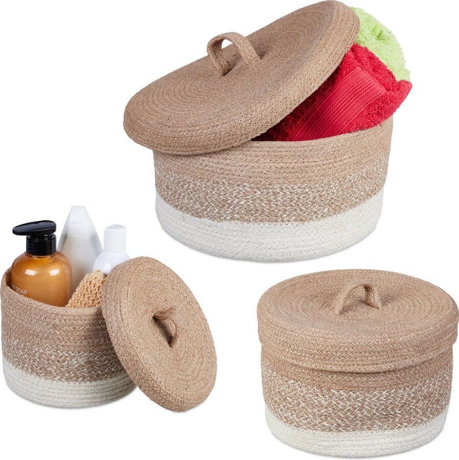 Relaxdays opbergmand met deksel set van 3 gevlochten mand jute badkamermanden rond