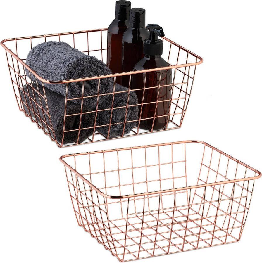 Relaxdays opbergmand metaal set van 2 draadmandje roségoud badkamermand keuken