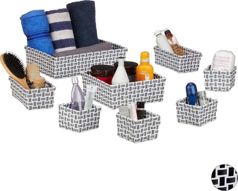 Relaxdays Opbergmand set 8 stuks mandjes opbergmand badkamer mandenset contrast wit-grijs