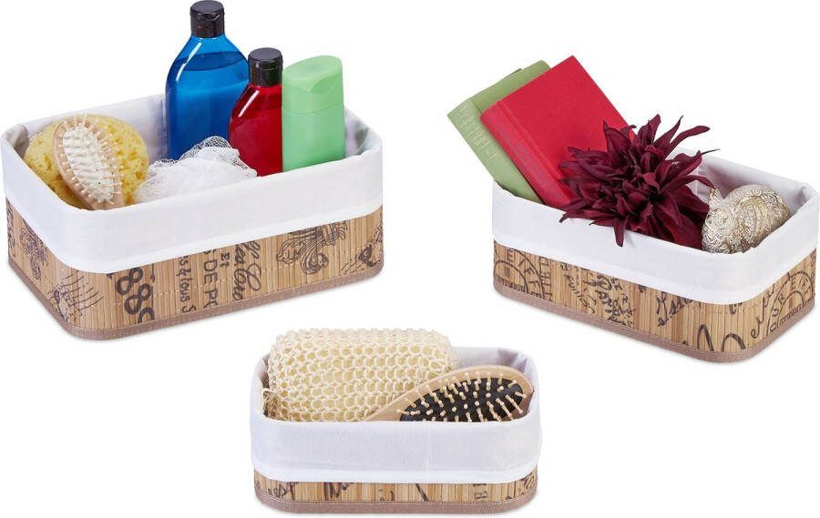 Relaxdays opbergmand set van 3 badkamermand rechthoekig bamboe & stof natuur