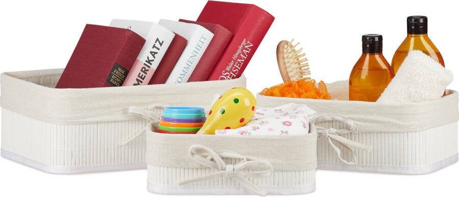 Relaxdays opbergmand set van 3 bamboe & stof opbergboxen kastmand stapelbaar wit