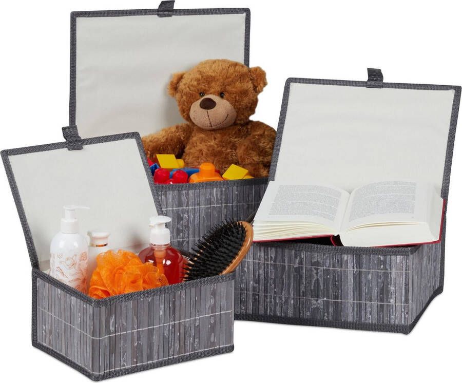 Relaxdays opbergmand set van 3 bamboe manden set badkamer opbergbox grijs