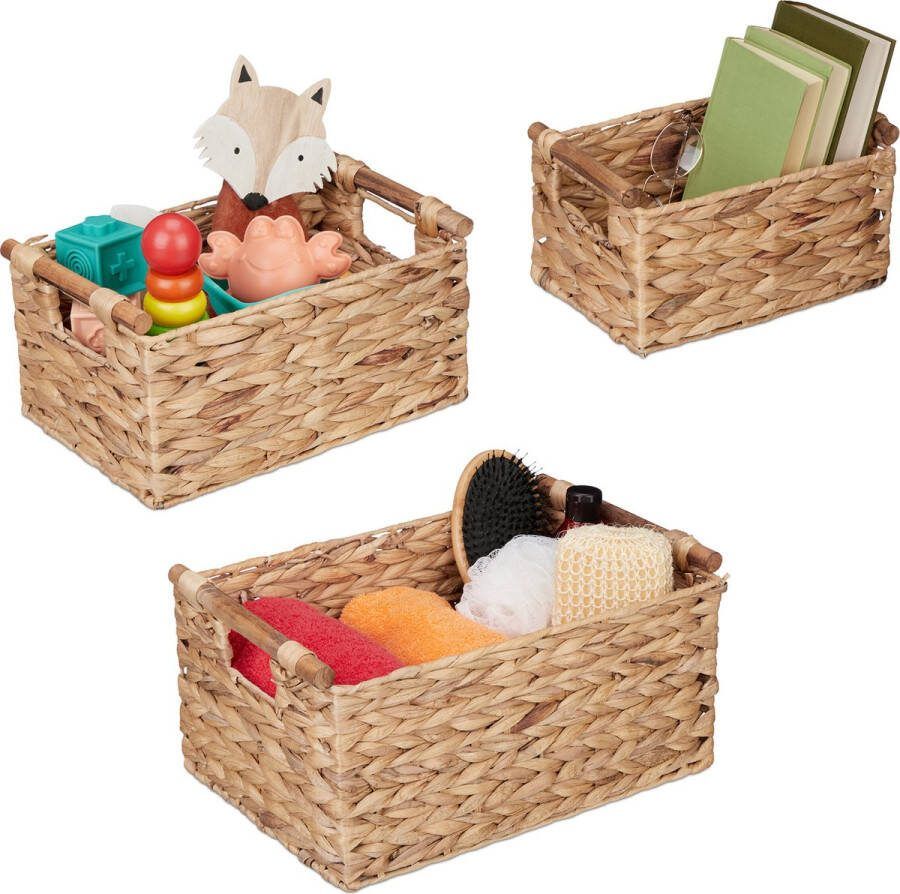 Relaxdays opbergmand set van 3 gevlochten waterhyacint handgrepen badkamermand