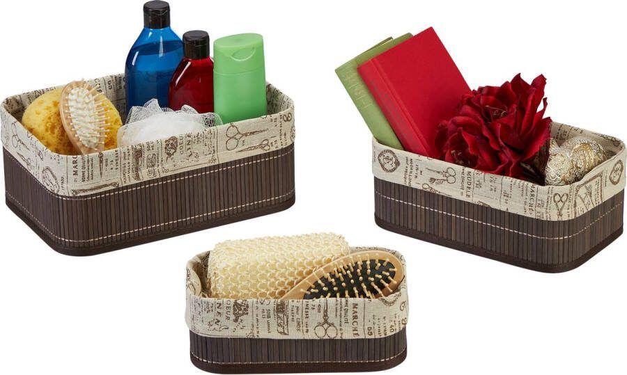 Relaxdays opbergmand set van 3 kastmand opberger rechthoekig bamboe & stof bruin