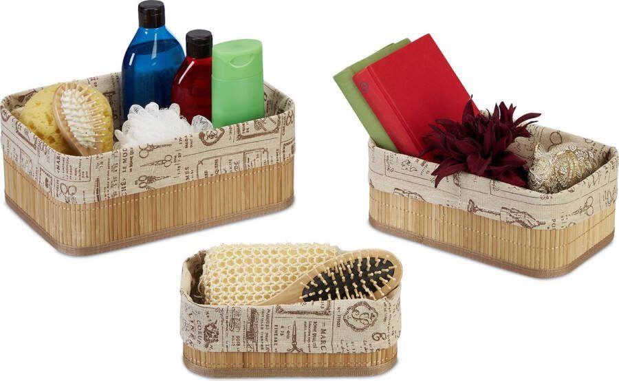 Relaxdays opbergmand set van 3 kastmand rechthoekig bamboe & stof print natuur