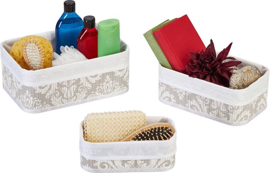 Relaxdays opbergmand set van 3 opbergbox bamboe & stof met print wit grijs