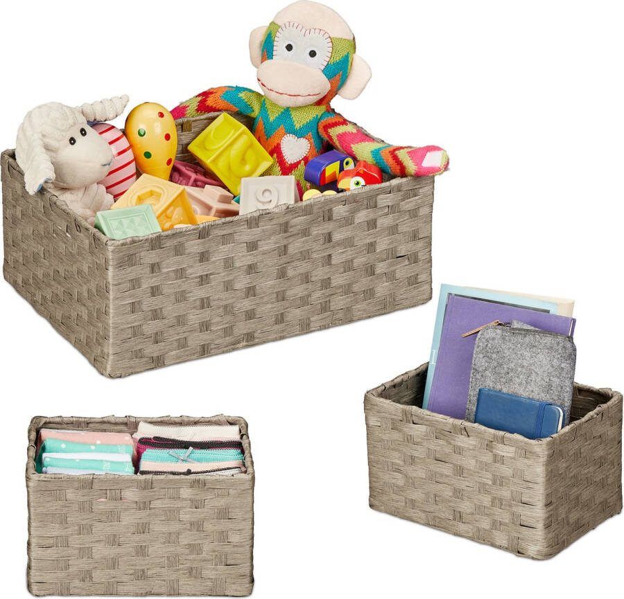 Relaxdays opbergmand set van 3 papiertouw badkamermanden kastmanden 2 groottes