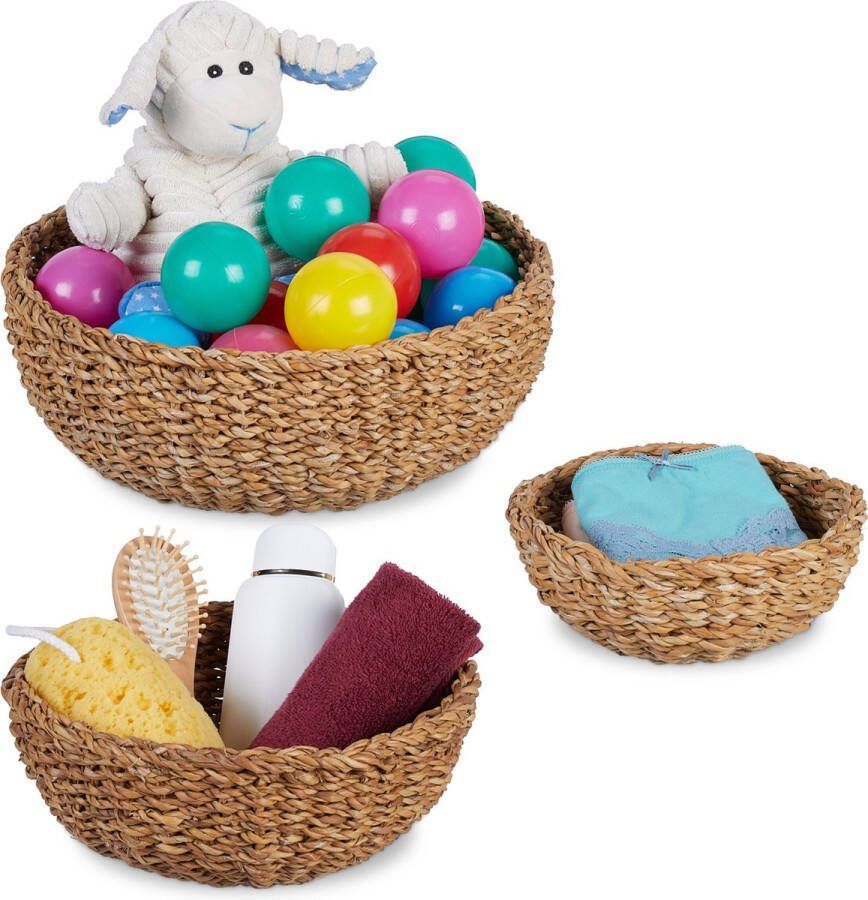 Relaxdays opbergmand set van 3 ronde zeegras mand badkamermand wc speelgoedmand