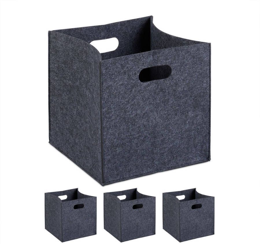 Relaxdays opbergmand set van 4 opberger kastmand opvouwbaar vierkant vilt antraciet