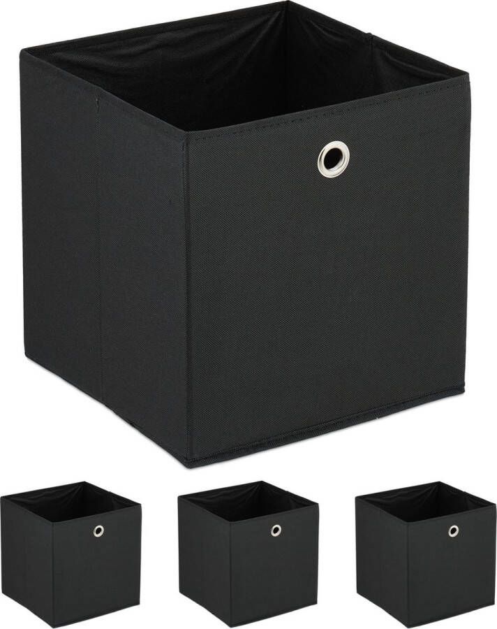Relaxdays opbergmand set van 4 opberger met oogje stoffen mand opvouwbaar zwart