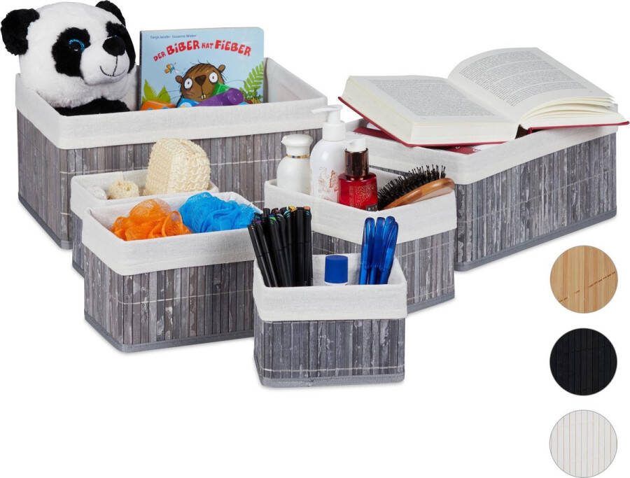 Relaxdays opbergmand set van 6 bamboe manden set badkamer opbergbox grijs