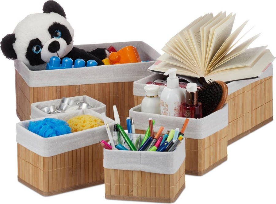 Relaxdays opbergmand set van 6 bamboe manden set badkamer opbergbox Naturel