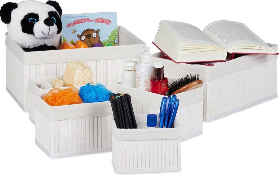 Relaxdays opbergmand set van 6 bamboe manden set badkamer opbergbox wit