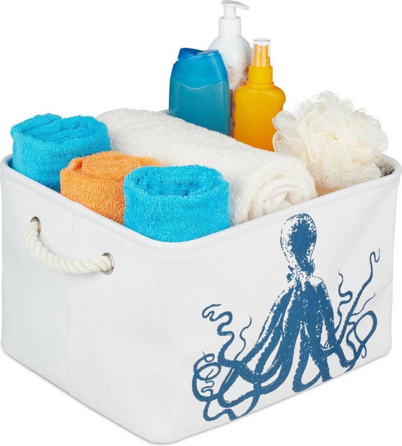 Relaxdays opbergmand stof kastmand opbergbox blauw wit stoffen mand badkamer