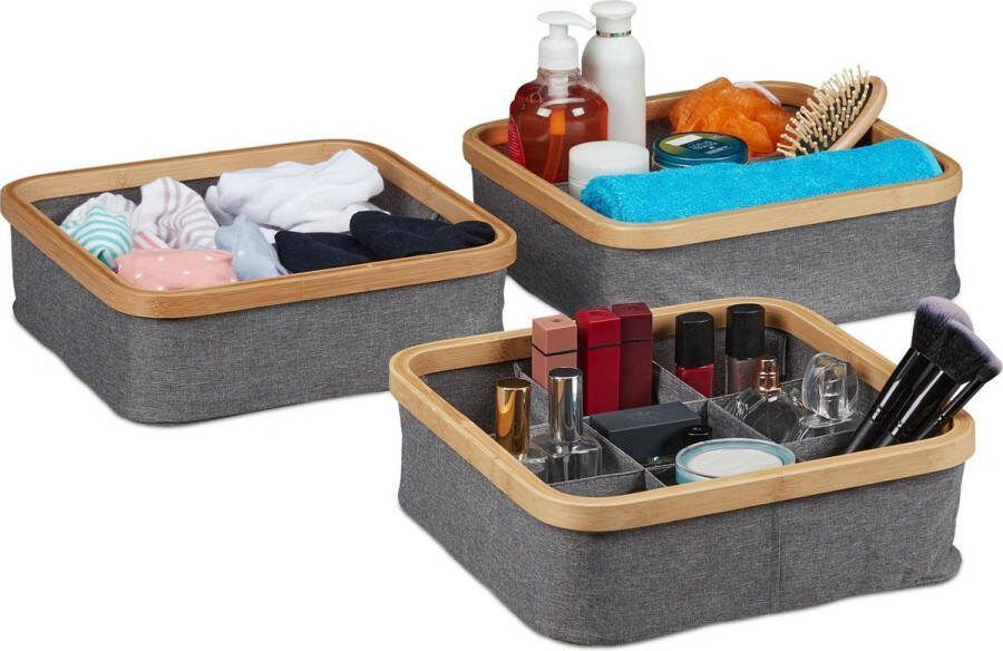 Relaxdays Opbergmand stof set van 3 kastmanden vouwdozen grijze organizers
