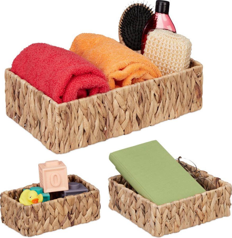 Relaxdays opbergmand waterhyacint set van 3 gevlochten mand badkamermand woonkamer