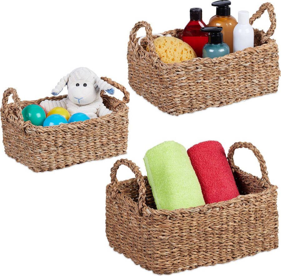 Relaxdays opbergmand zeegras 3-delige set gevlochten manden met hengsel 3 groottes