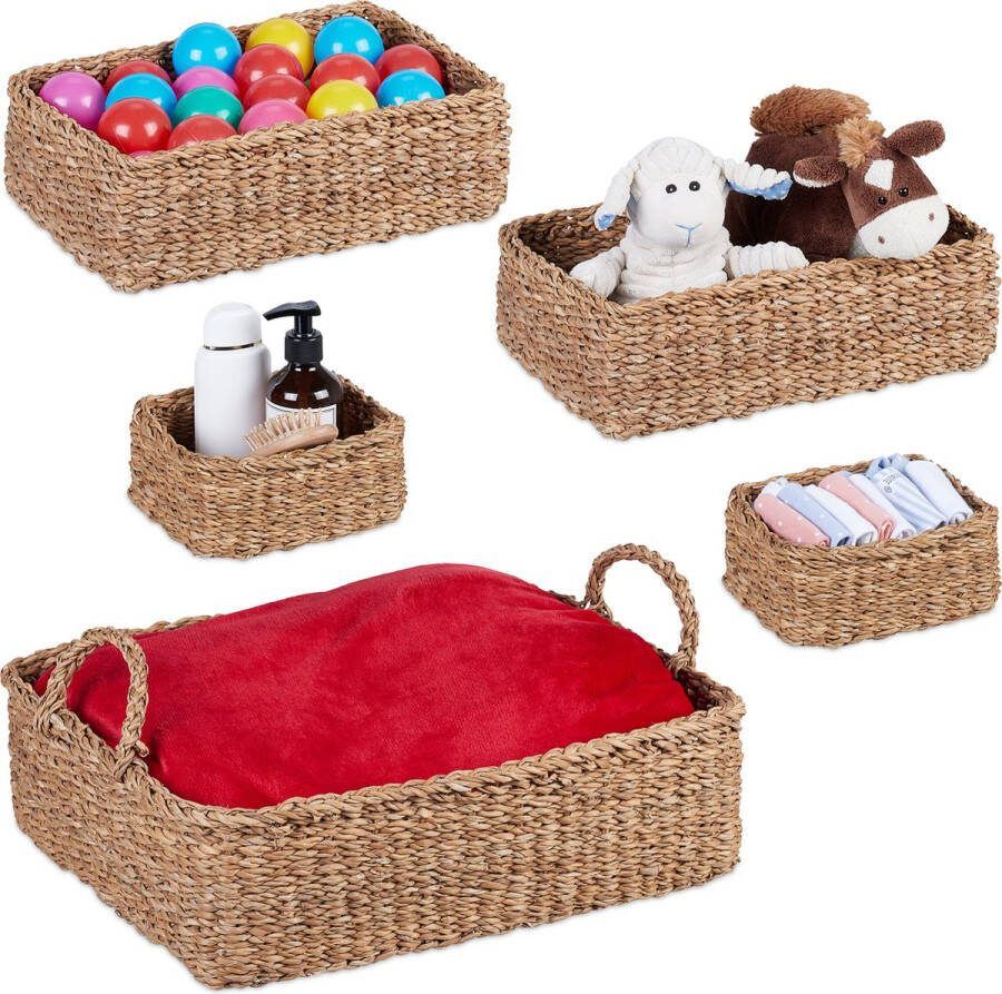 Relaxdays opbergmand zeegras 5-delige set gevlochten mand speelgoed badkamermand