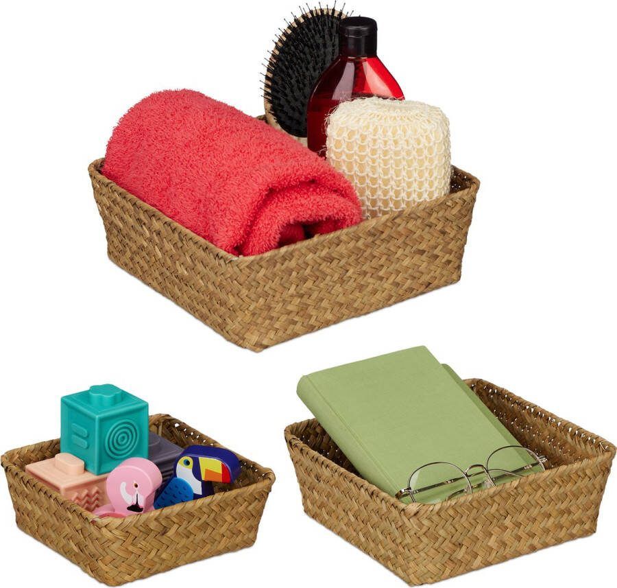 Relaxdays opbergmand zeegras set van 3 gevlochten mand badkamermand speelgoedmand