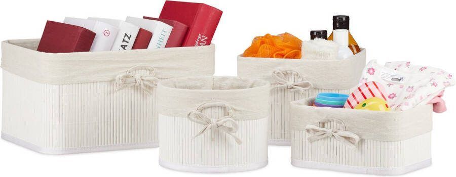 Relaxdays opbergmanden bamboe set van 4 witte badkamermandjes speelgoed make up wc