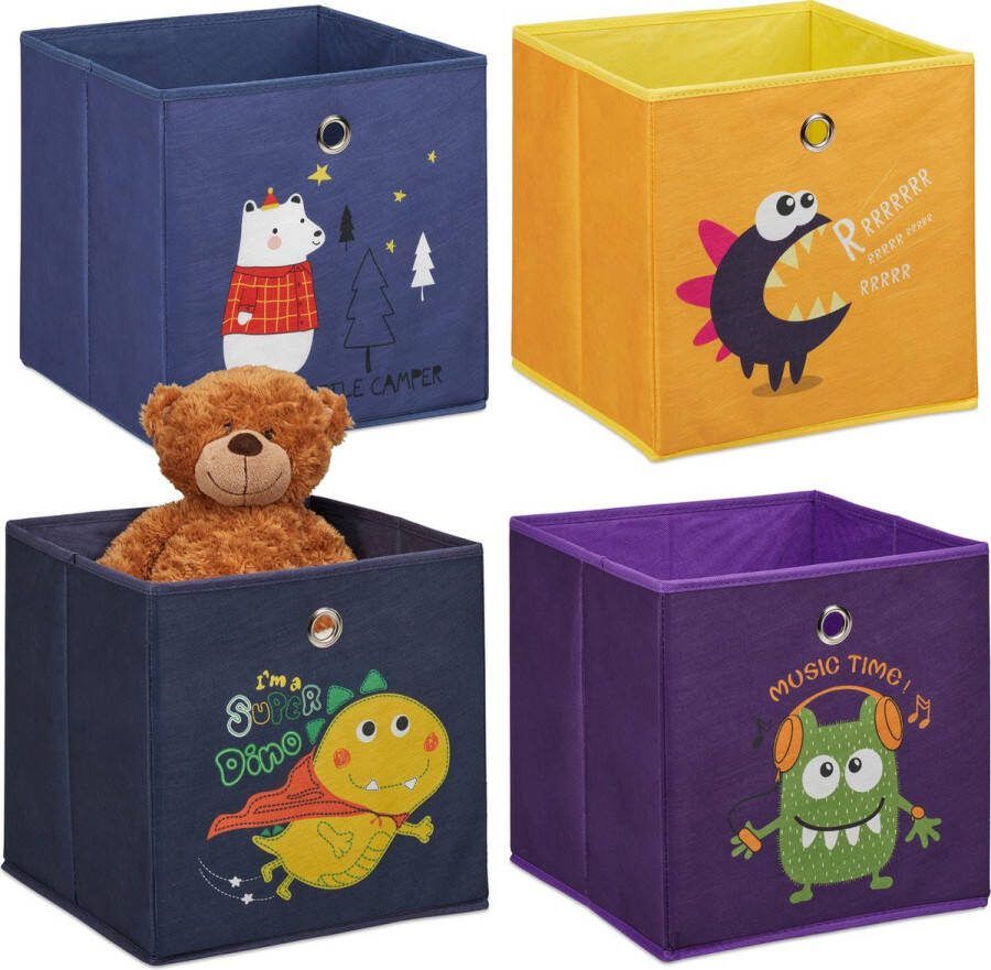 Relaxdays opbergmanden kinderkamer set van 4 opvouwbaar stoffen speelgoedmand kast A