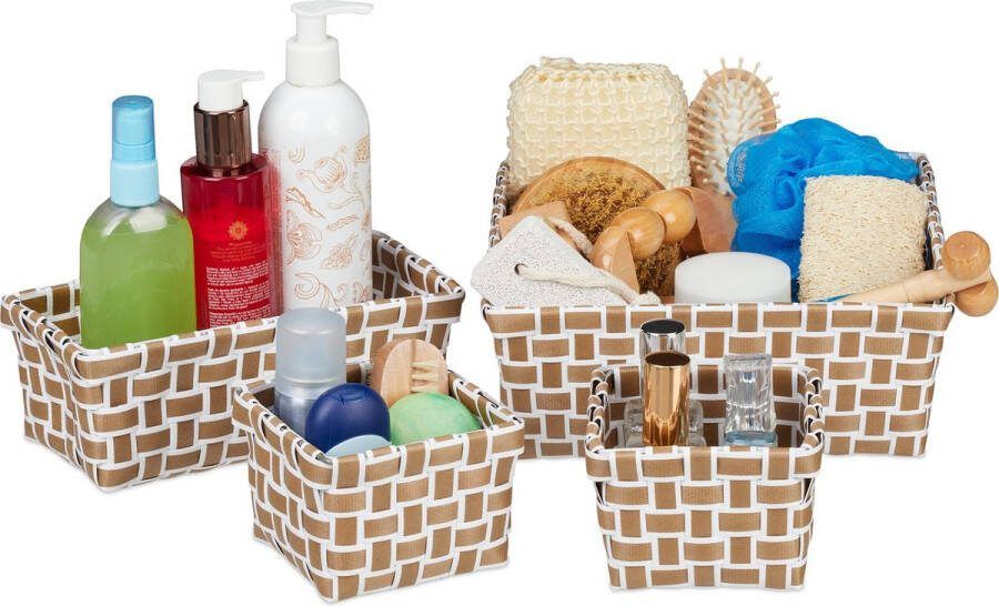 Relaxdays opbergmanden set van 4 gevlochten kunststof mand voor badkamer mandje wit-bruin
