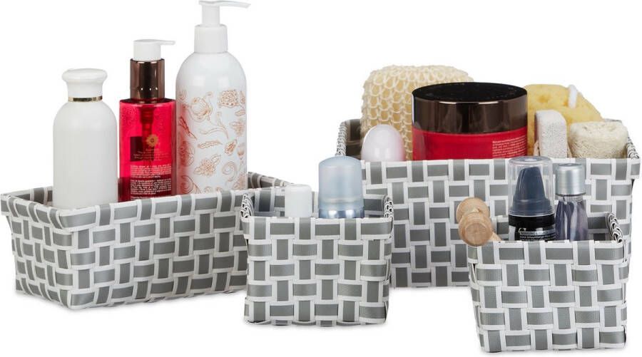 Relaxdays opbergmanden set van 4 gevlochten kunststof mand voor badkamer mandje wit-grijs