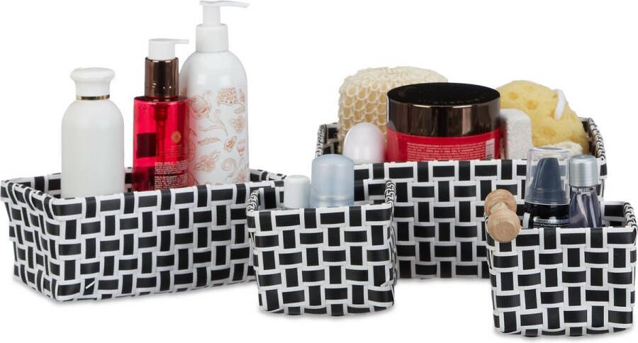 Relaxdays opbergmanden set van 4 gevlochten kunststof mand voor badkamer mandje wit-zwart