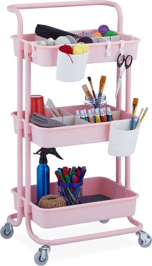 Relaxdays opbergtrolley staal keukentrolley op wielen serveerwagen roze rolwagen