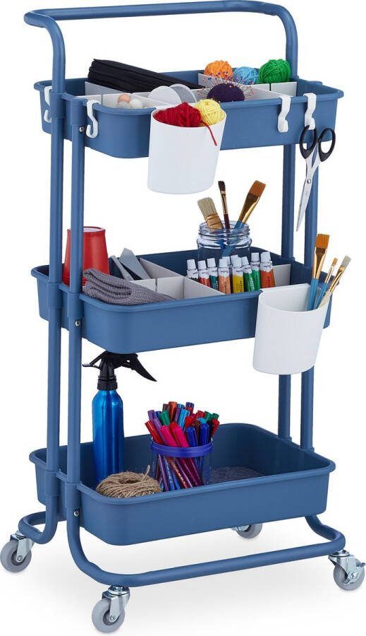 Relaxdays opbergtrolley staal keukentrolley op wieltjes serveerwagen keuken blauw