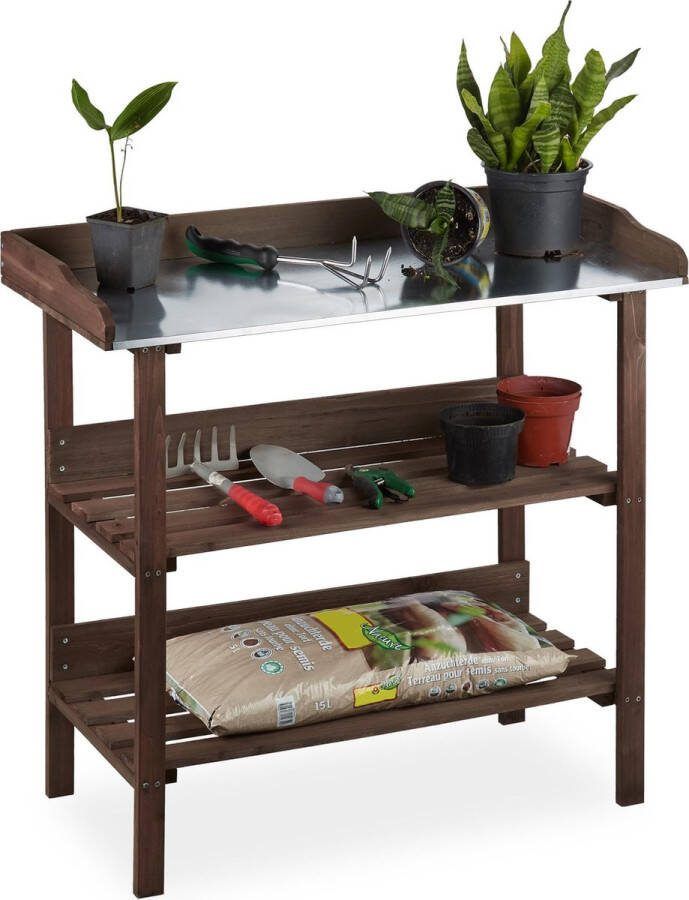 Relaxdays oppotafel hout plantentafel werktafel tuin metaal tuinwerkbank