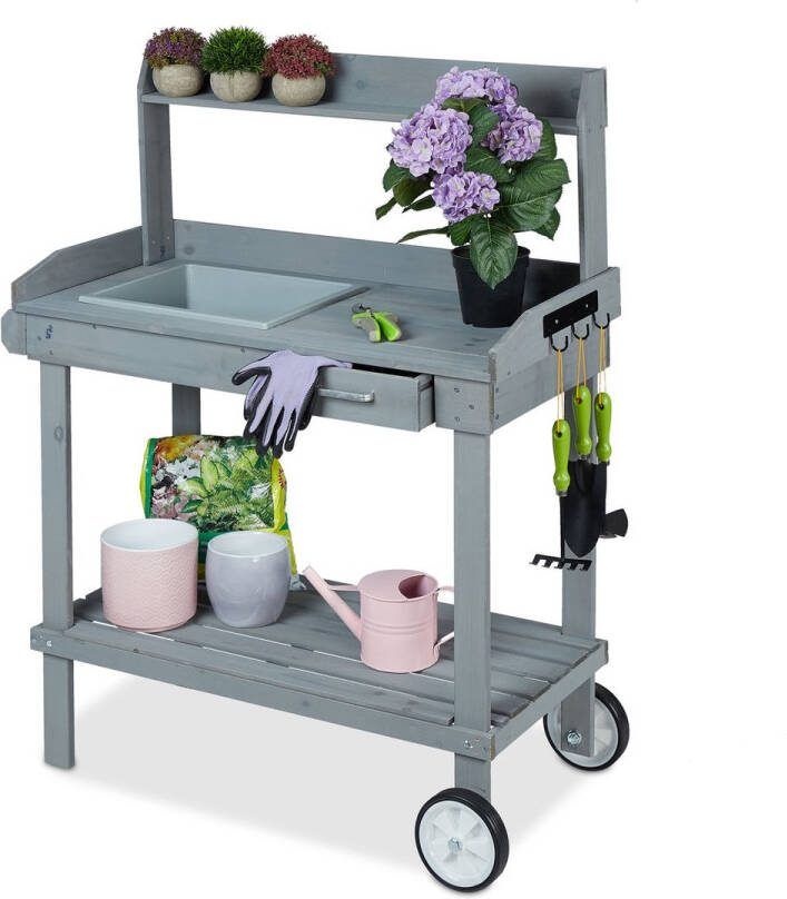 Relaxdays oppottafel op wielen tuinwerktafel plantentafel hout kweektafel grijs