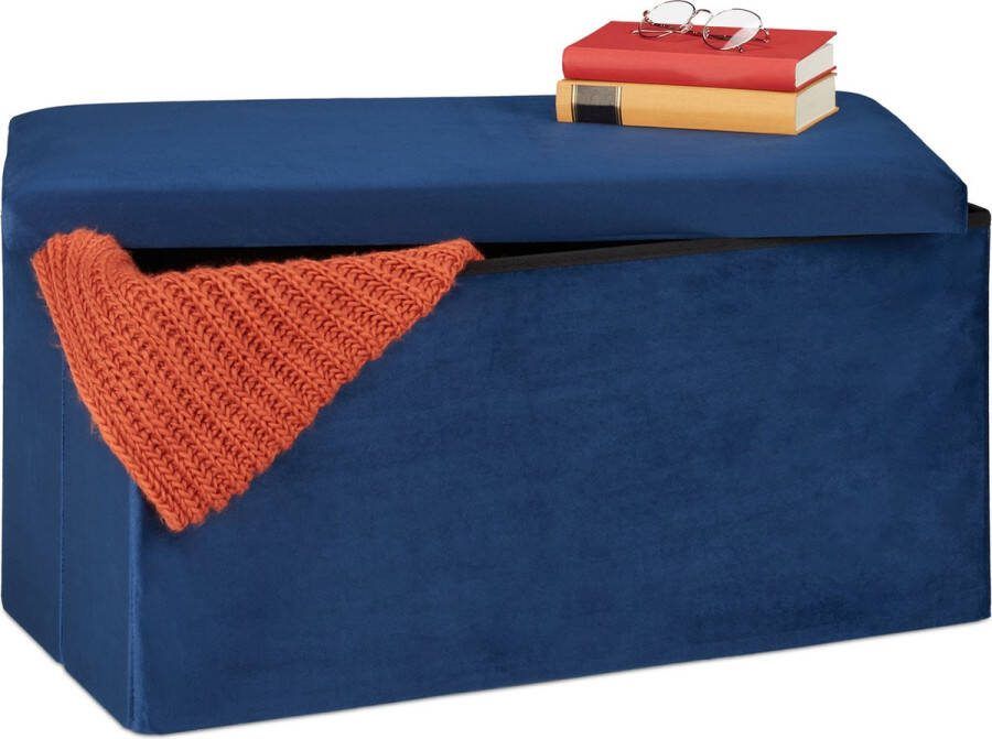 Relaxdays opvouwbare opbergbank halbank fluweel stoffen zitbank met opbergruimte hal blauw