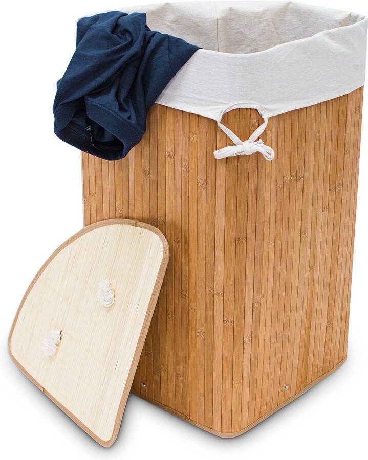 Relaxdays Opvouwbare wasmand Bamboe hout Waszak katoen 65x49 5x37 cm.